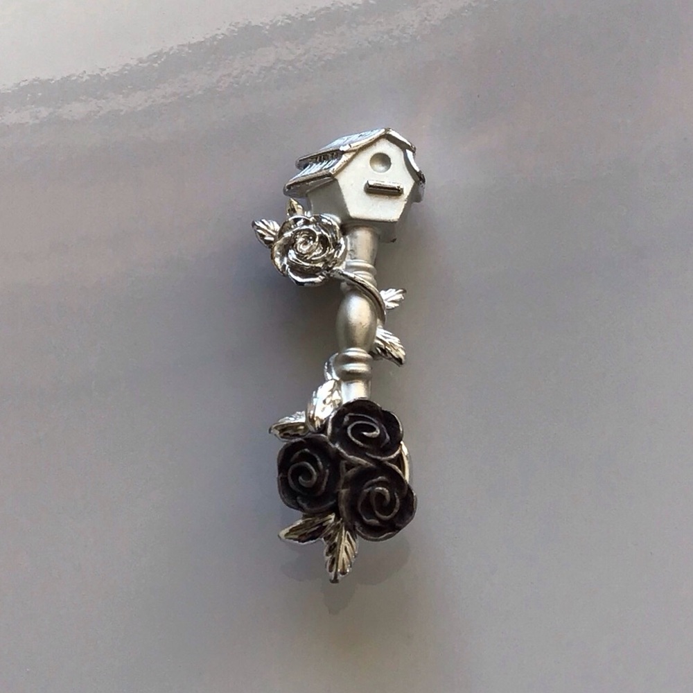 Vintage Silver Tone Statement Birdhouse Flower Brooch Pin 90s